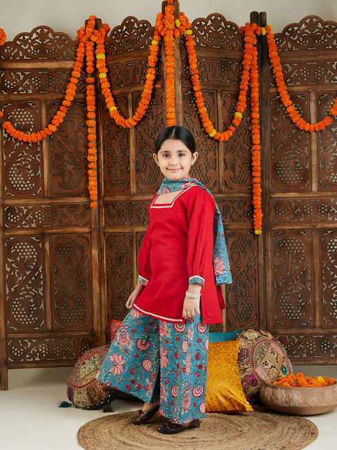 VASTRAMAY Girls Red kurta and Palazzo Pant Dupatta Set